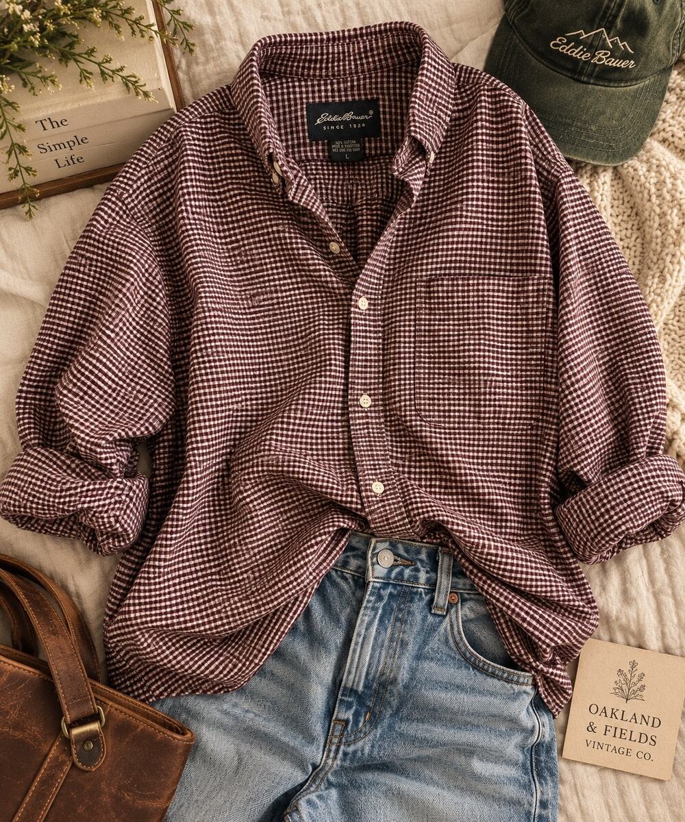 Vintage Eddie Bauer 100% Cotton Burgundy Gingham Button Up Shirt L